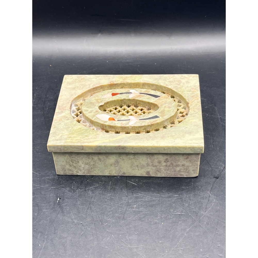 Vtg Soapstone Trinket Box w/ Inlay Small Decorative Jewelry Detailed 4" x 3.25"